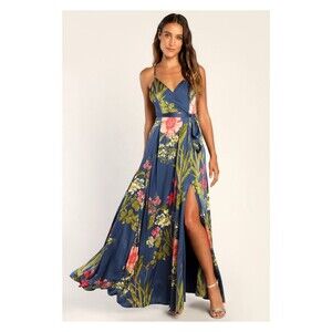 Lulus Still The One Dress Large Blue Floral Satin Maxi Strappy Slit Sundress